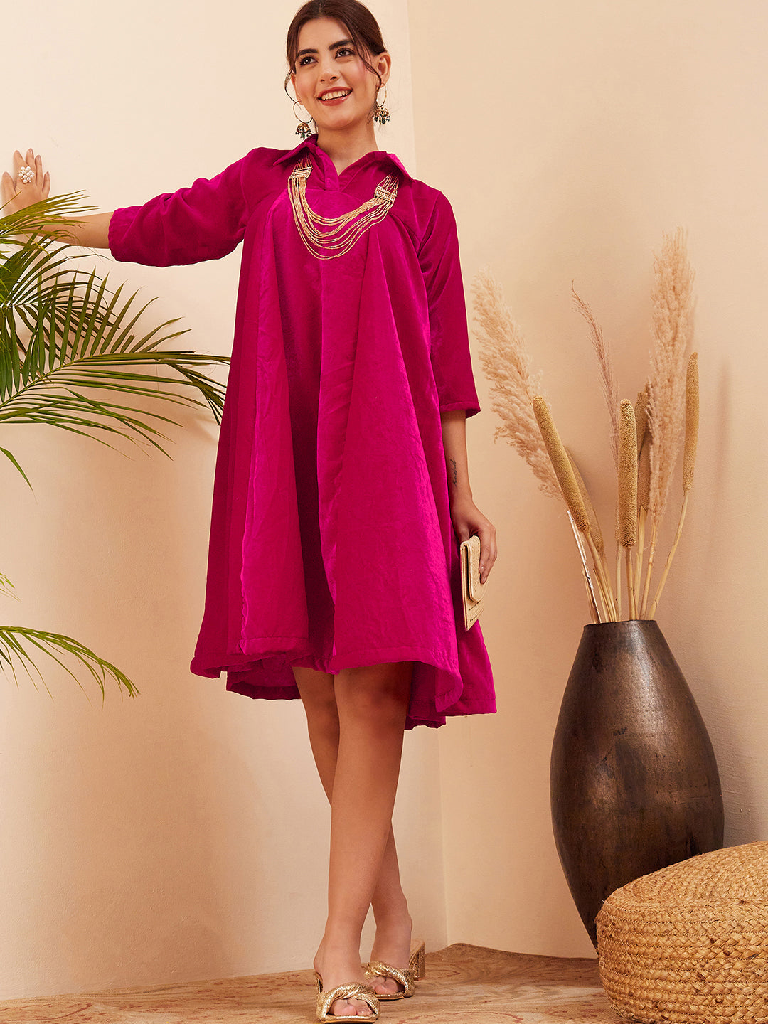 InWeave Women's Fuchsia Velvet Collared Neck Flared Midi Dress | Grocsy