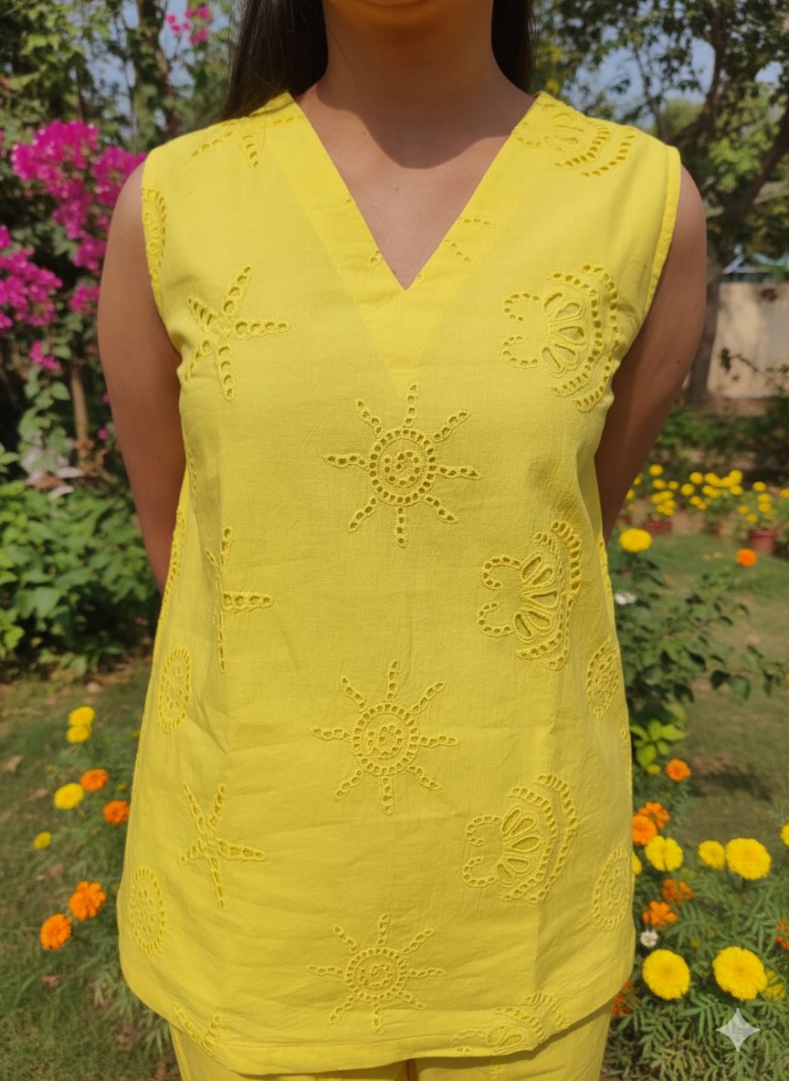 Myshka Women Yellow Schiffili Sleeveless Top | Grocsy