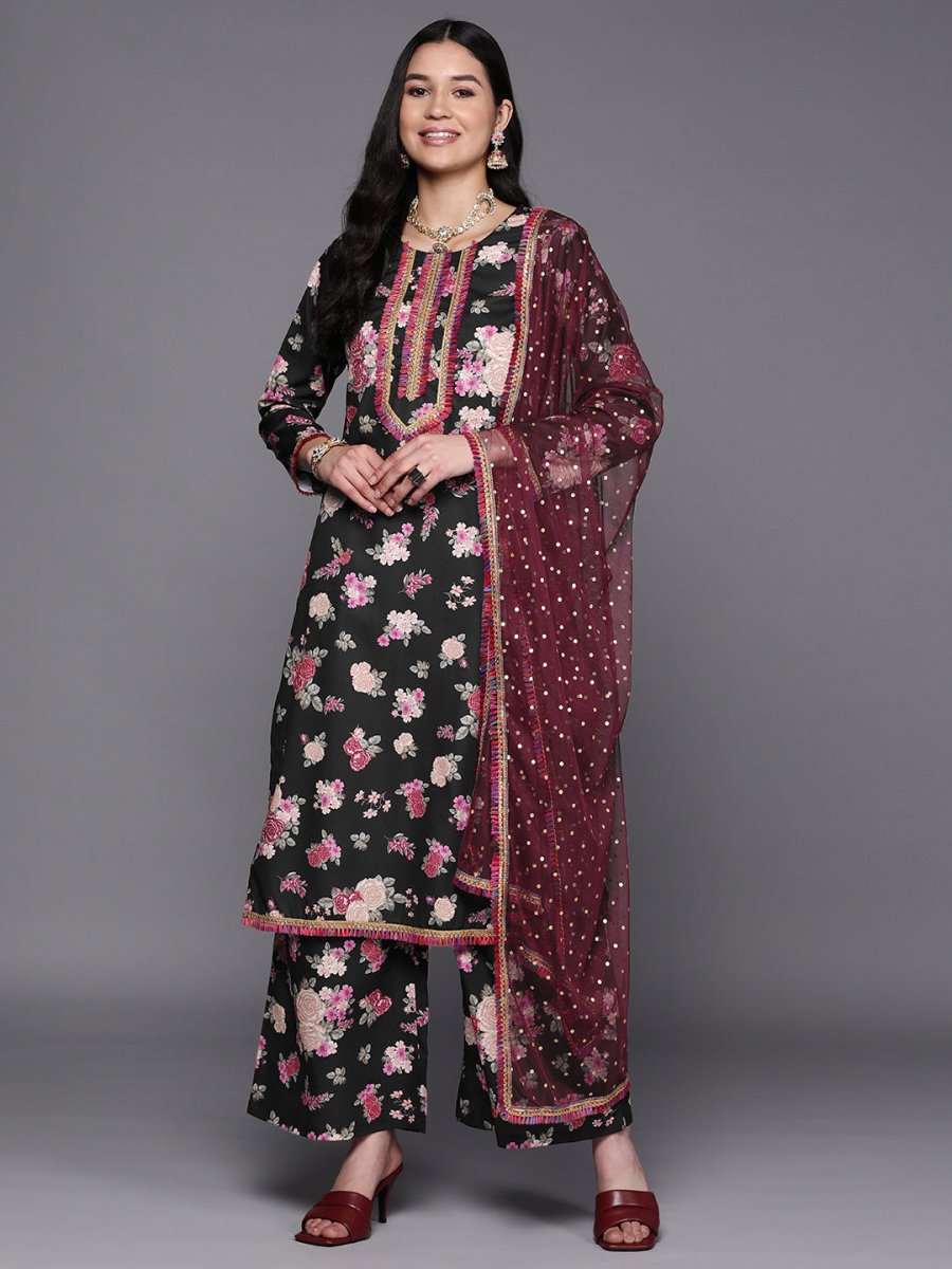 Ahalyaa Women Black Floral Printed Gotta Patti Kurta with Palazzos & With Dupatta | Grocsy
