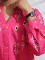trueBrowns Pink Cotton Print Flared Top Co-ord Set | Grocsy