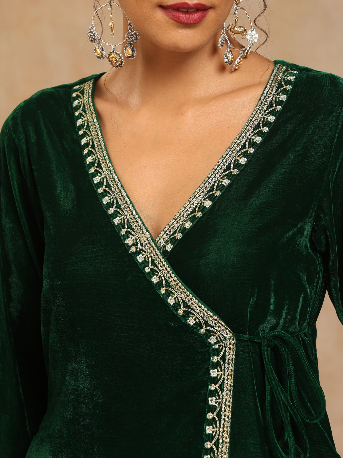 trueBrowns Green Velvet Embroidered Angrakha Kurta | Grocsy