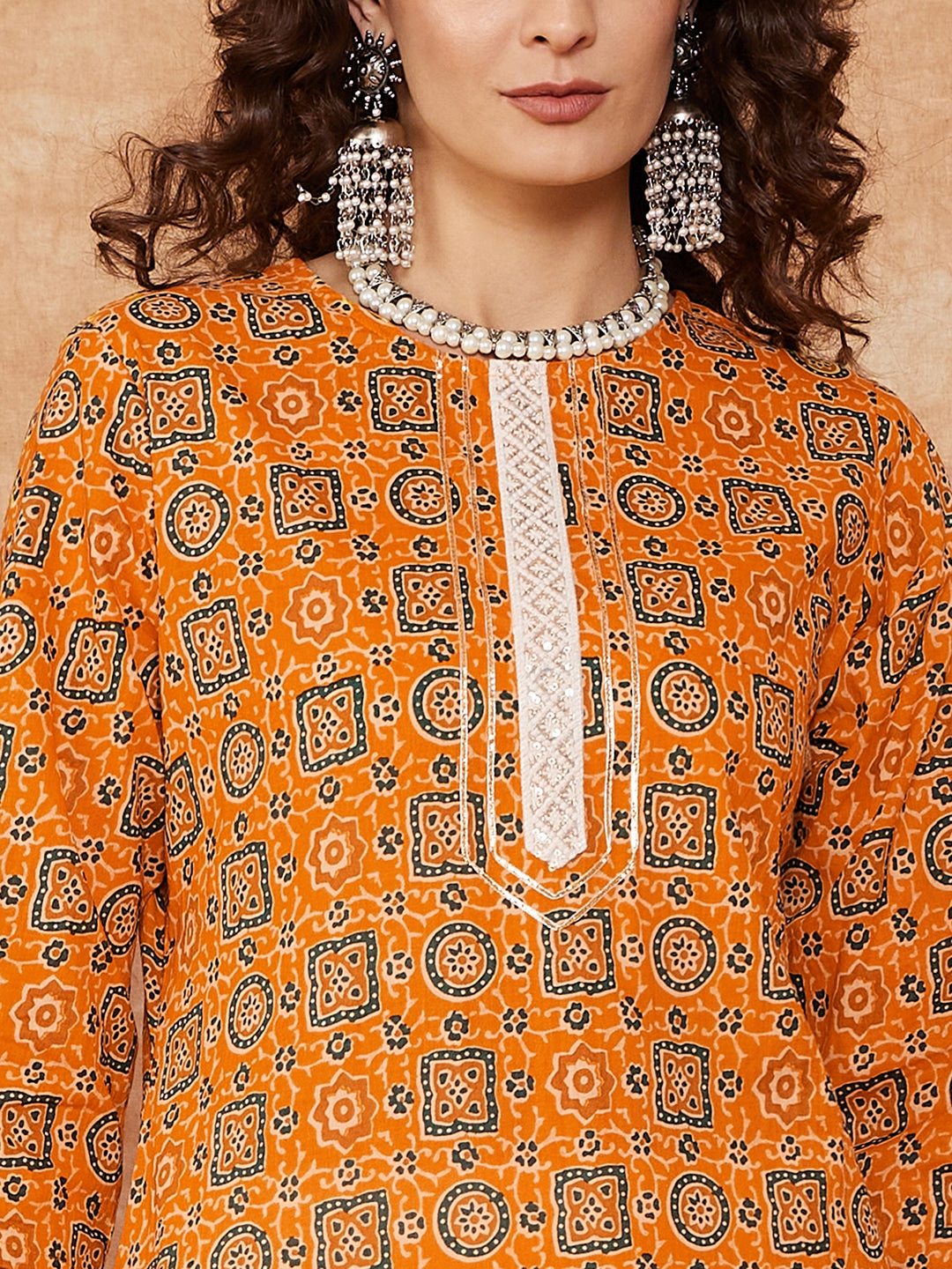 InWeave Women's Mustard Ethnic Print Lace Gota Work Straight Kurta | Grocsy