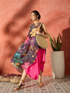 InWeave Black Floral Fuchsia Asymmetrical Dress | Grocsy