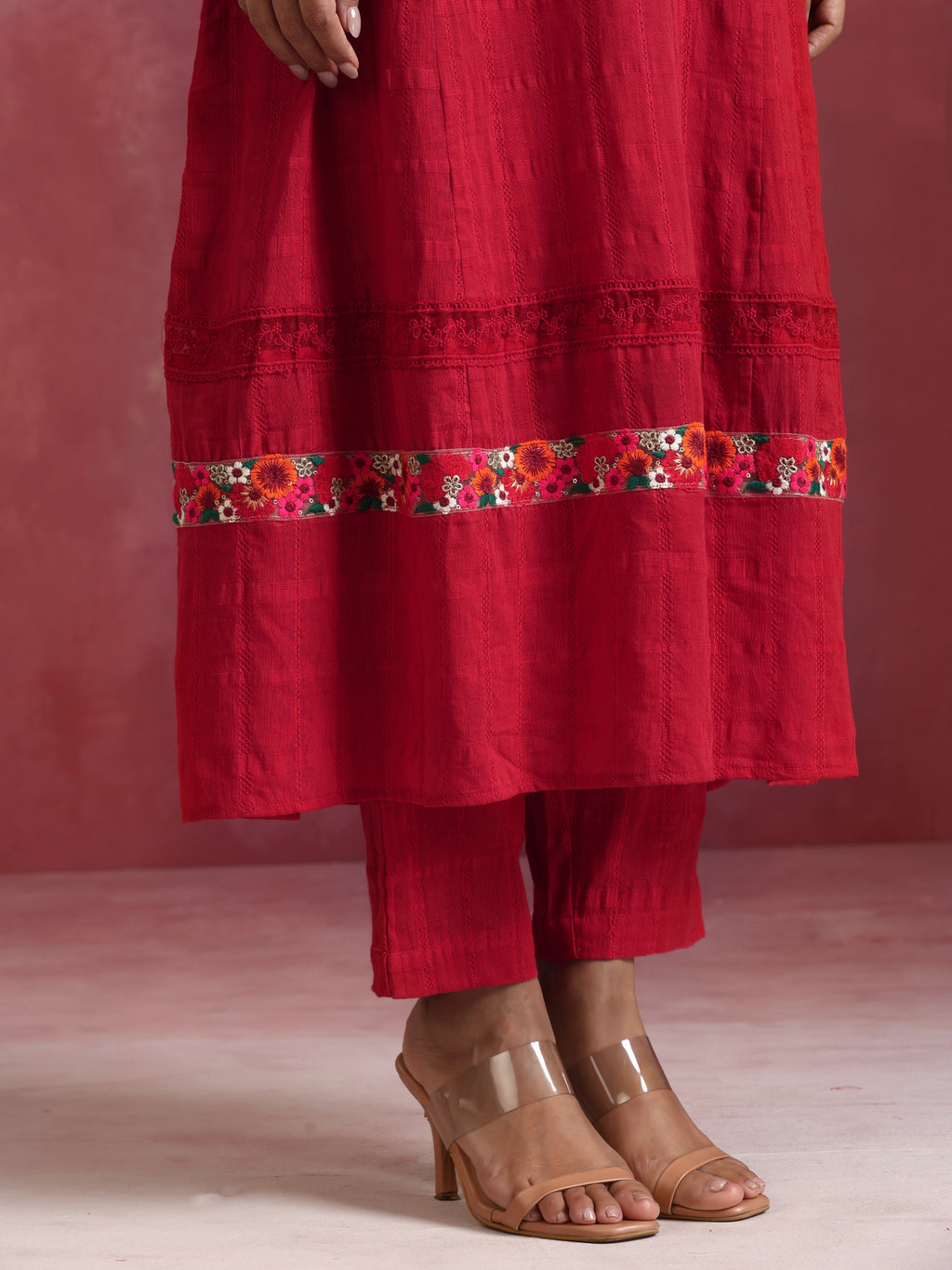 trueBrowns Red Cotton Dobby Flared Kurta Set | Grocsy