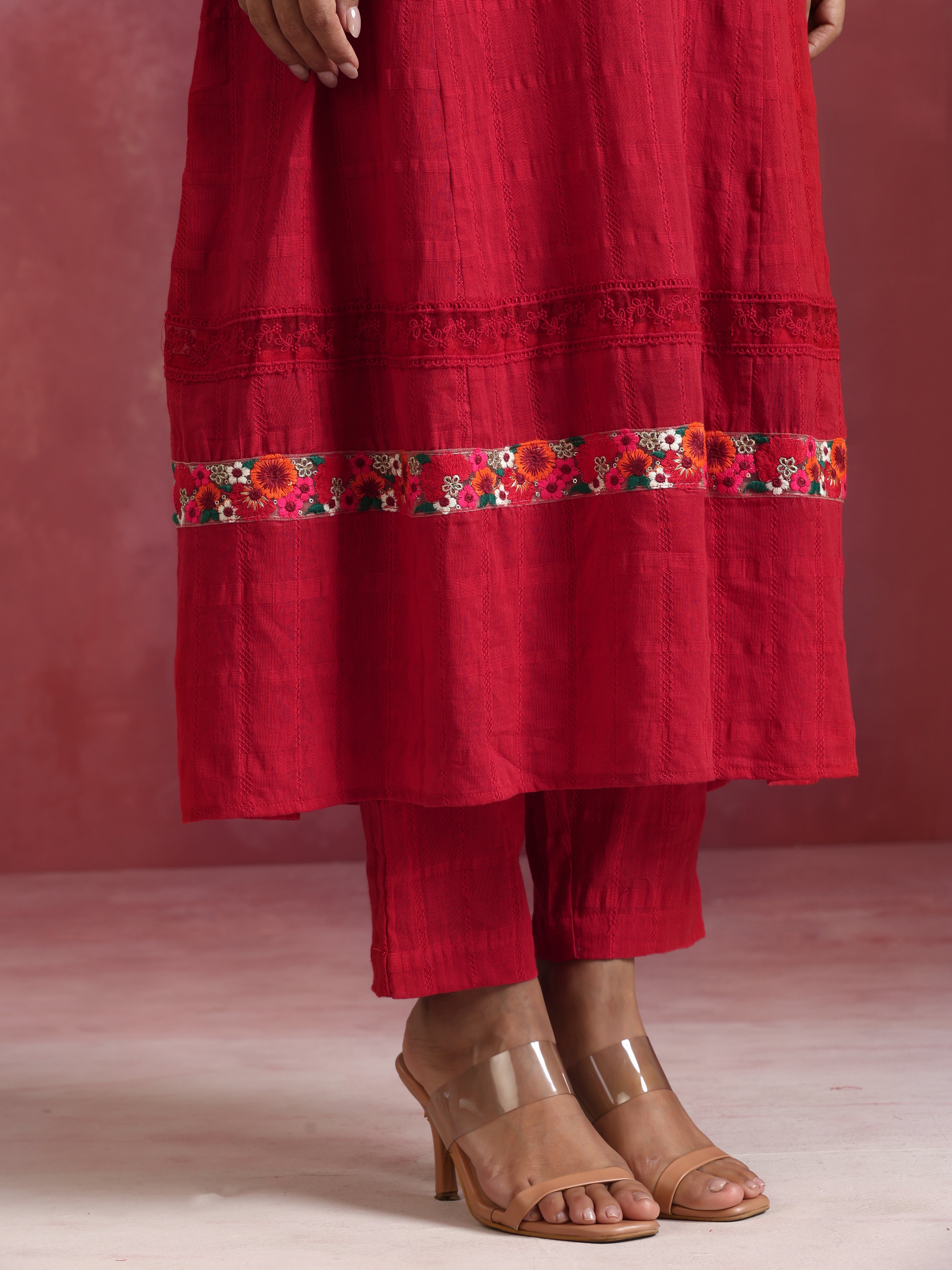 trueBrowns Red Cotton Dobby Flared Kurta Set | Grocsy