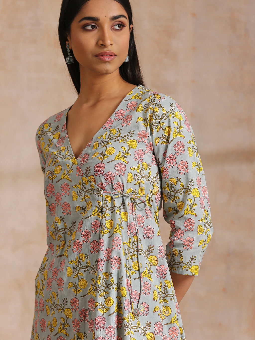 trueBrowns Grey Overall Floral Block Print Cotton Angrakha Kurta Pant Set | Grocsy