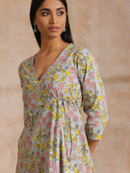 trueBrowns Grey Overall Floral Block Print Cotton Angrakha Kurta Pant Set | Grocsy