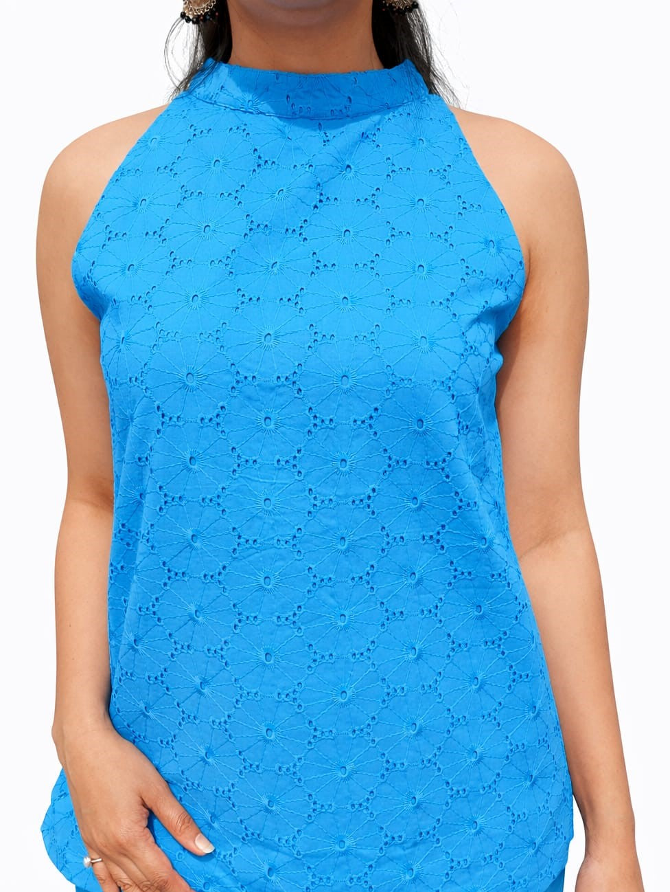 Myshka Women Blue Pure Cotton Embroidered Halter Neck Regular Top | Grocsy