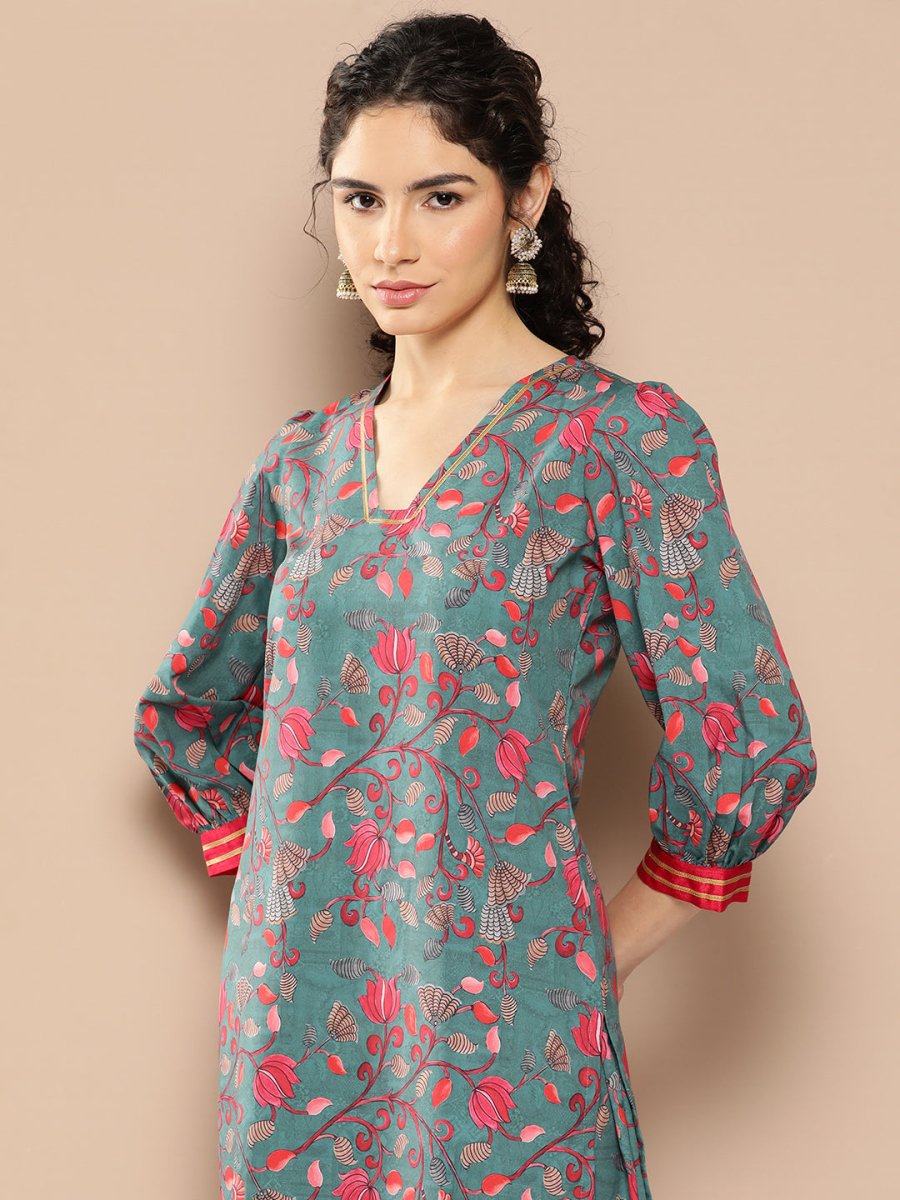 Ahalyaa Women Floral Printed Regular Gotta Patti Kurta with Trousers | Grocsy
