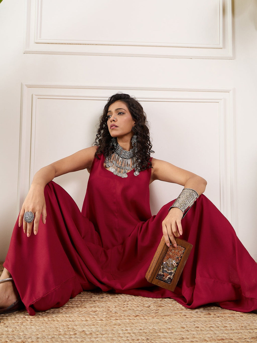 InWeave Maroon Round Sleeveless Jumpsuit | Grocsy