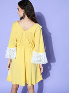 InWeave Women's Yellow Lacy Short Dress | Grocsy