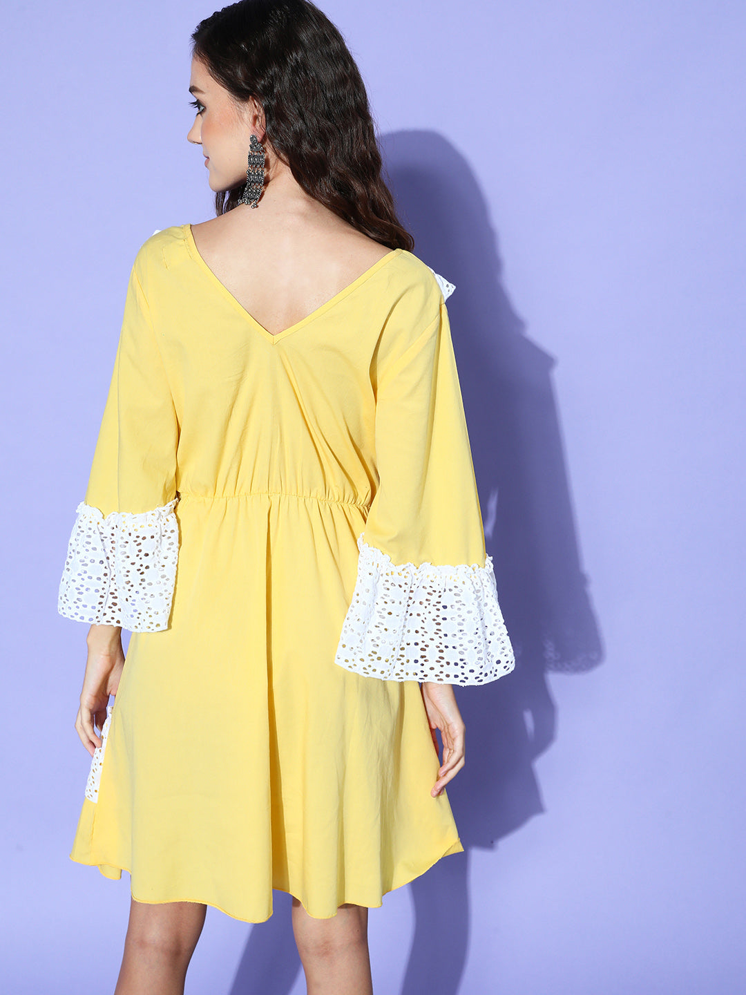 InWeave Women's Yellow Lacy Short Dress | Grocsy