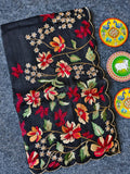 Mameraa Sarees Black Matka Silk Saree With Heavy Floral Embroidery Border With Running Blouse-Black | Grocsy