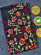 Mameraa Sarees Black Matka Silk Saree With Heavy Floral Embroidery Border With Running Blouse-Black | Grocsy