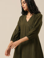 trueBrowns Olive Green Slub Texture Kurta Pant Set | Grocsy