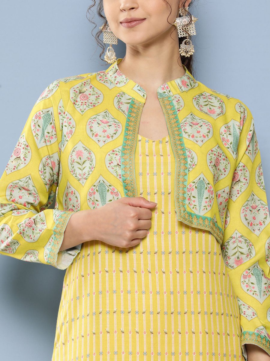 Ahalyaa Women Yellow Floral Printed Kurta with Trousers & Jacket | Grocsy