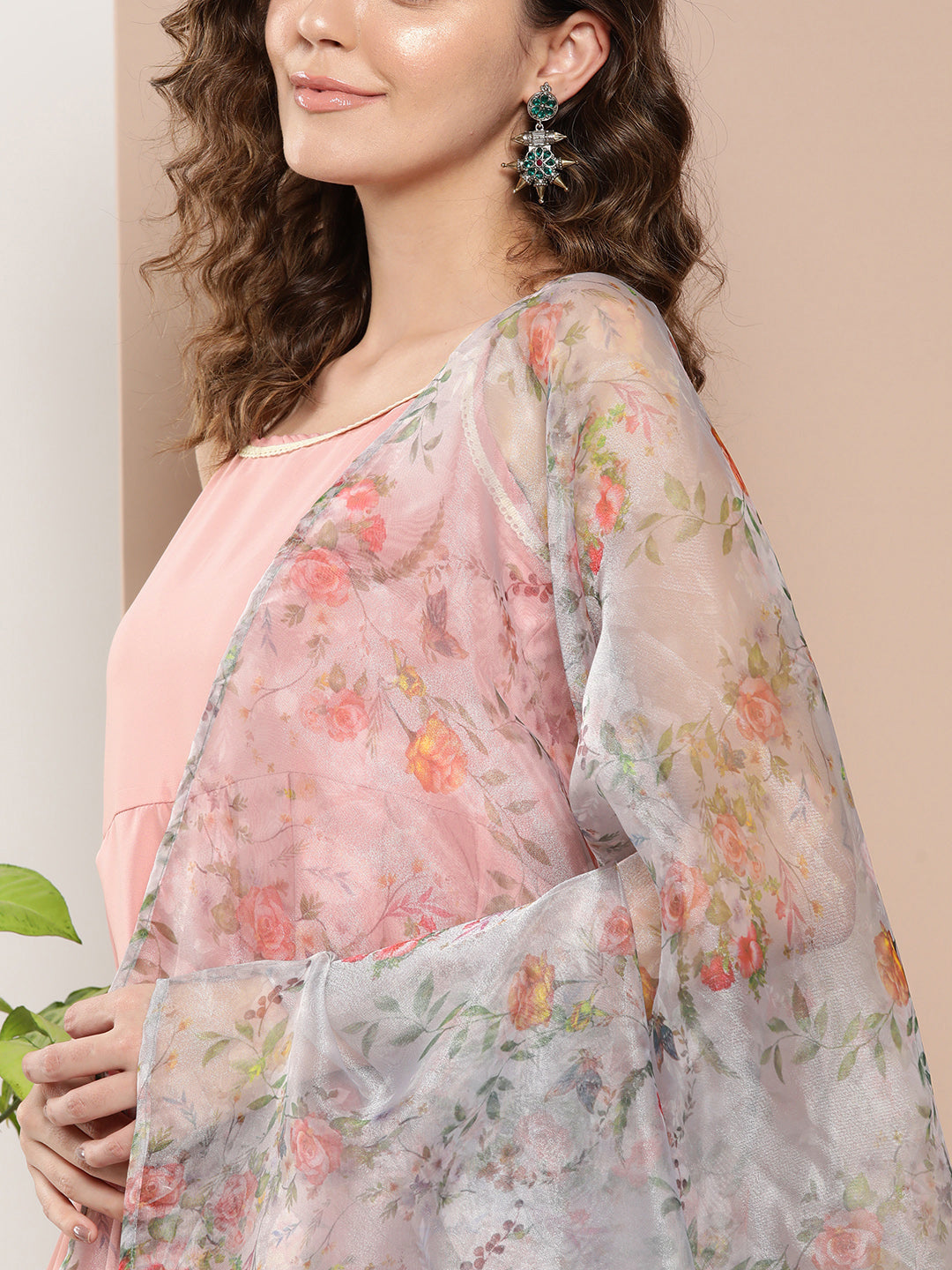 InWeave Women's Light Pink Cr Strappy Set With White Organza Dupatta | Grocsy