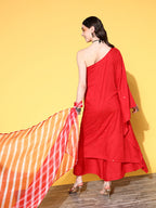 InWeave Women's Red Mirror Work One Shoulder Kurta Set With Dupatta | Grocsy