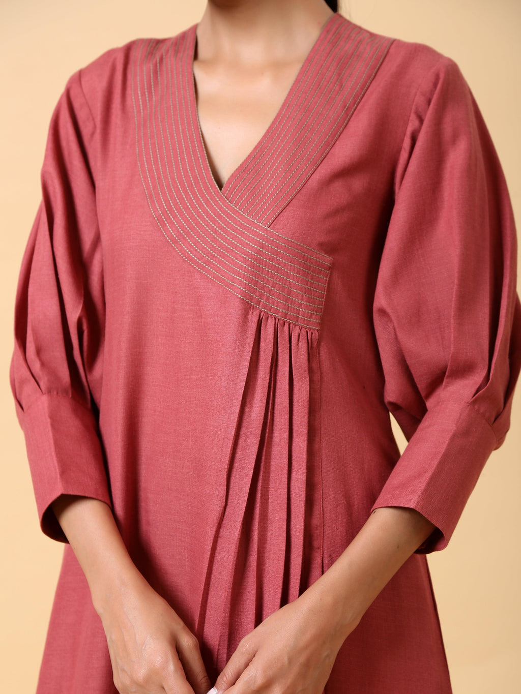 trueBrowns Cotton Linen Rust Red Kurta Pant Set | Grocsy