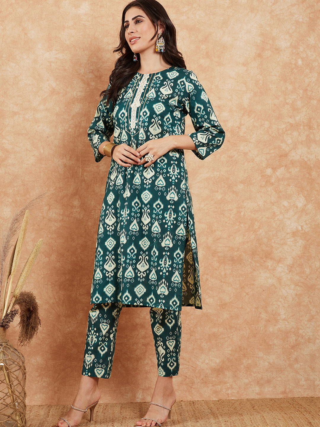 InWeave Women's Peacock Blue Ikkat Print Gota Work Straight Kurta Pant Set | Grocsy