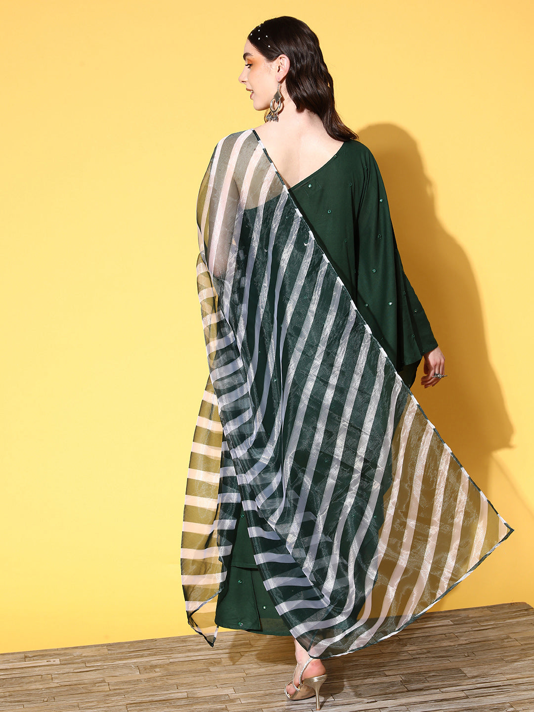 InWeave Women's Green Mirror Work One Shoulder Kurta Set With Dupatta | Grocsy