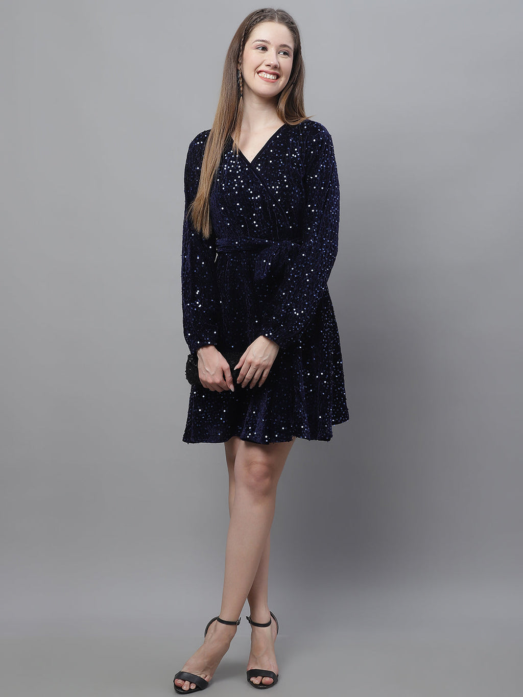 Jainish Women's WoSequin Velvet A-line dress - Navy Blue | Grocsy