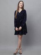 Jainish Women's WoSequin Velvet A-line dress - Navy Blue | Grocsy