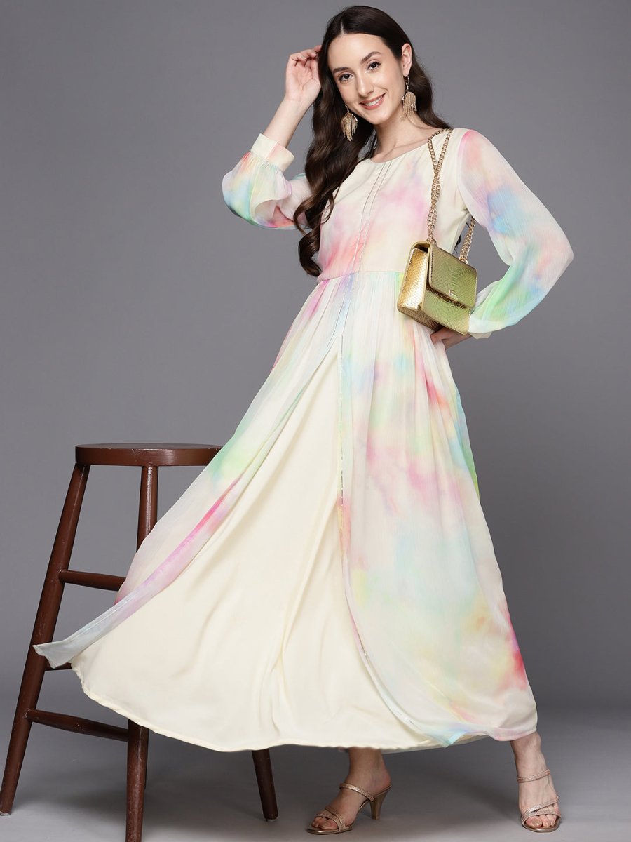Ahalyaa Abstract Printed Gotta Patti Puff Sleeves Chiffon Maxi Ethnic Dress | Grocsy