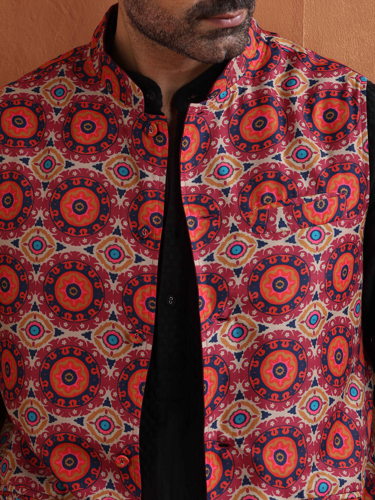 trueBrowns Men's Beige Printed Nehru Jacket | Grocsy