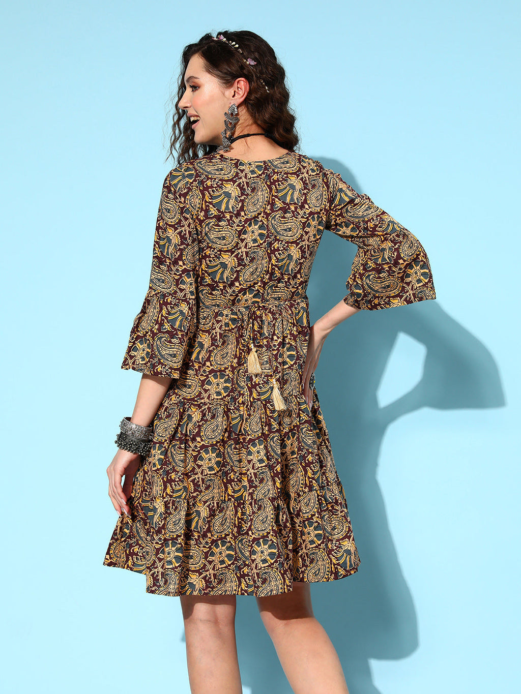 InWeave Women's Brown Kalamkari Print Short Dress | Grocsy