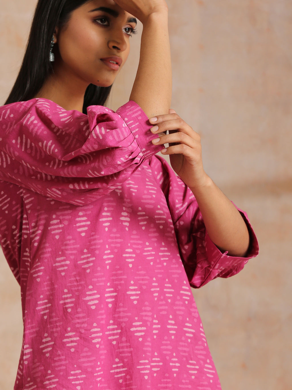 trueBrowns Pink Dabu Print Cotton Baggy Sleeve Co-Ord Set | Grocsy