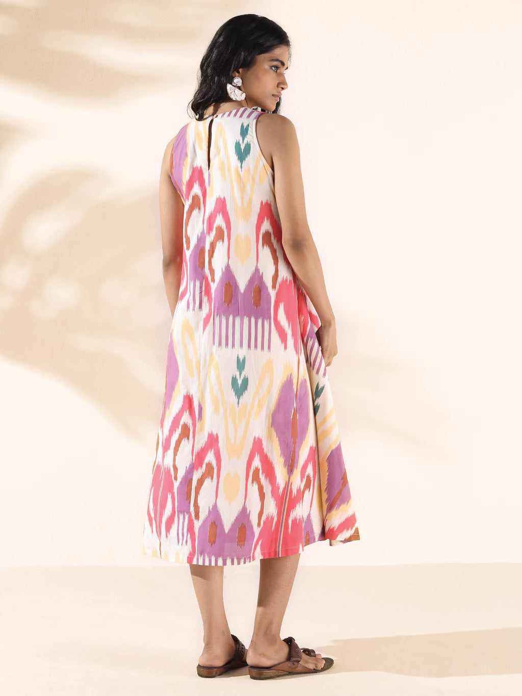 trueBrowns Pink Cotton Ikat Sleeveless Dress | Grocsy