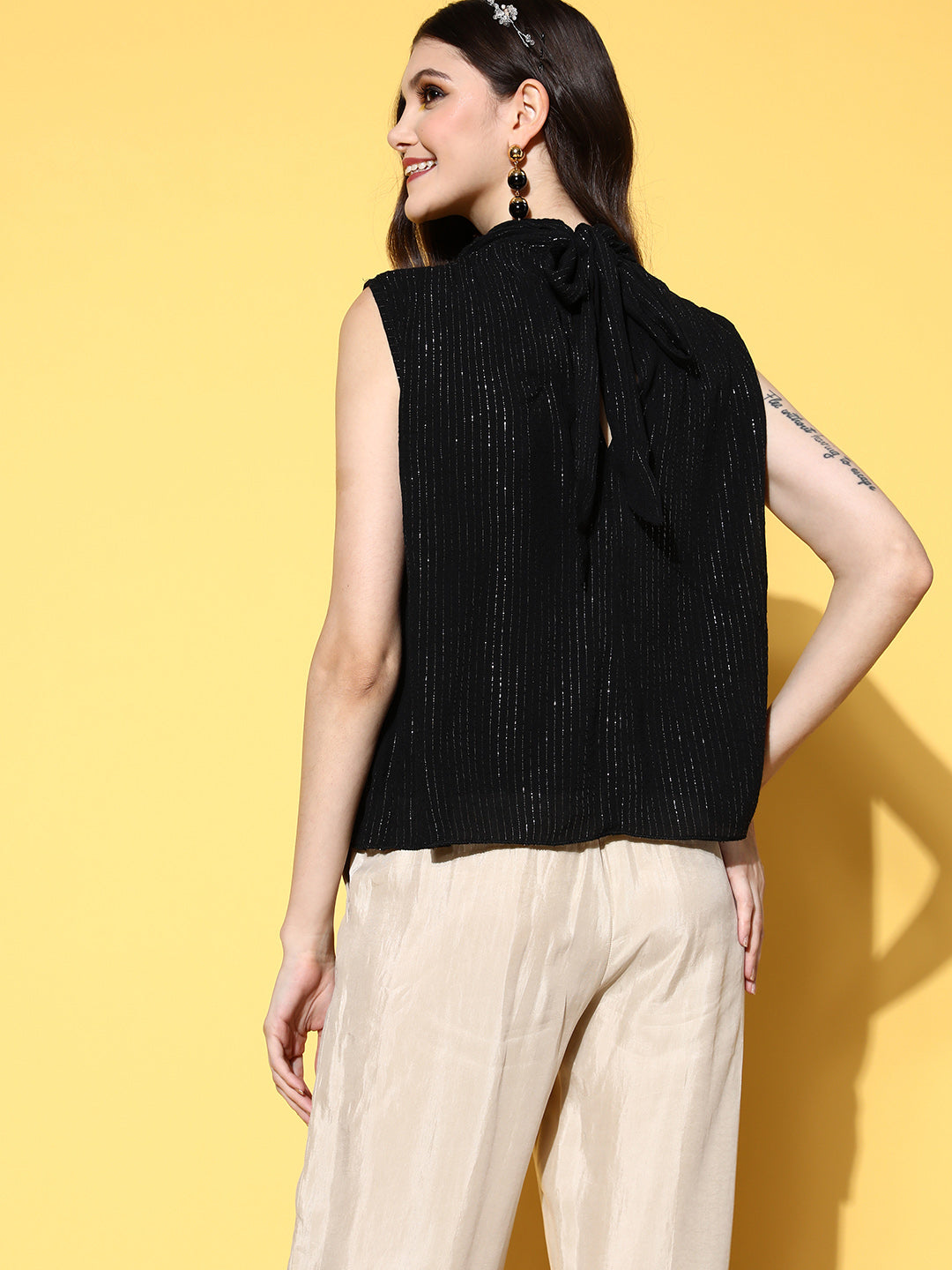 InWeave Women's Black Lurex Tie Up Top | Grocsy