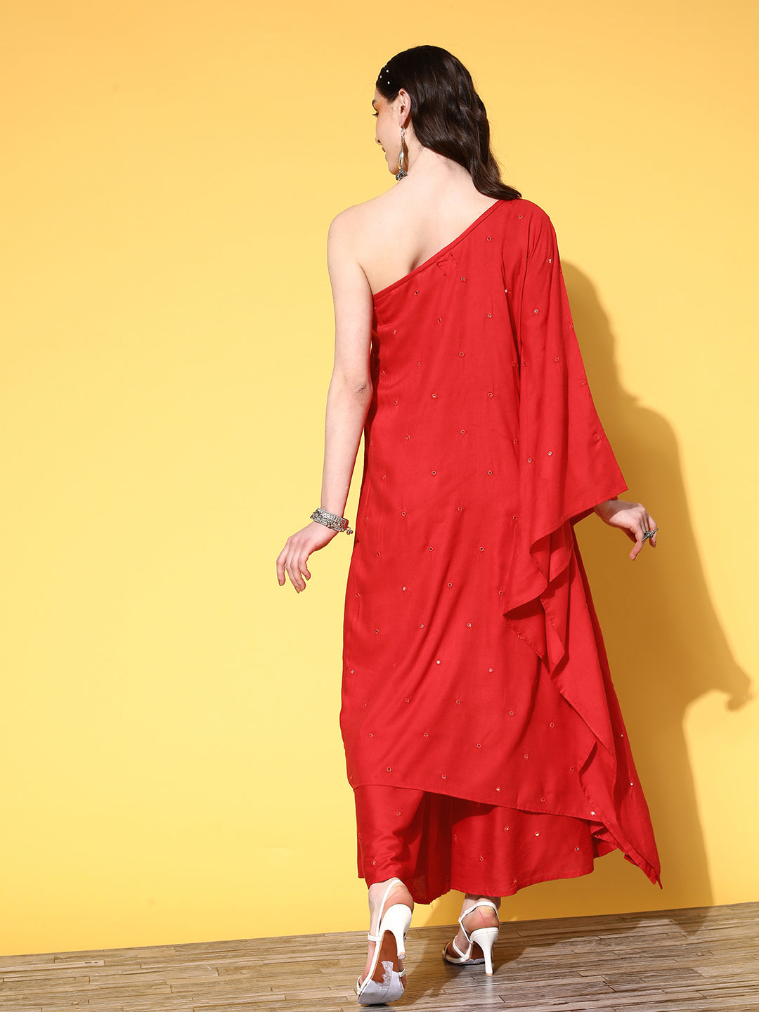 InWeave Women's Red Mirror Work One Shoulder Kurta Set | Grocsy
