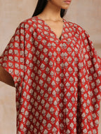 trueBrowns Rust Red Bagru Floral Print Cotton Panel Kaftan Kurta Pant Set | Grocsy