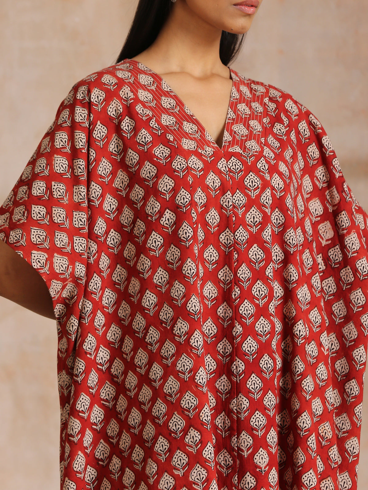 trueBrowns Rust Red Bagru Floral Print Cotton Panel Kaftan Kurta Pant Set | Grocsy