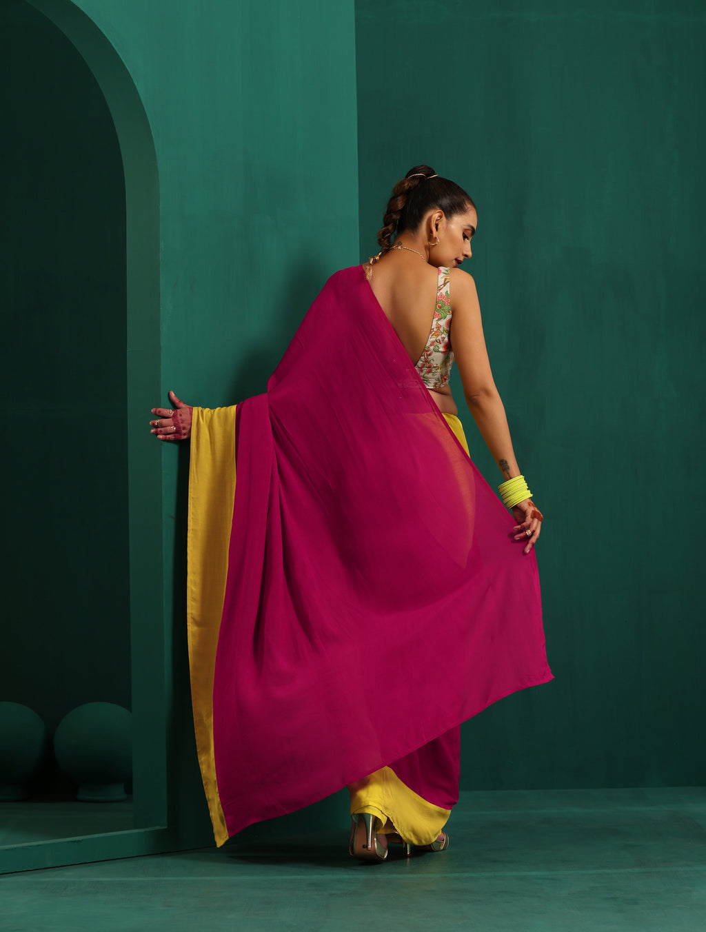trueBrowns Lime Yellow Pink Muslin Silk Ready to Wear Saree | Grocsy