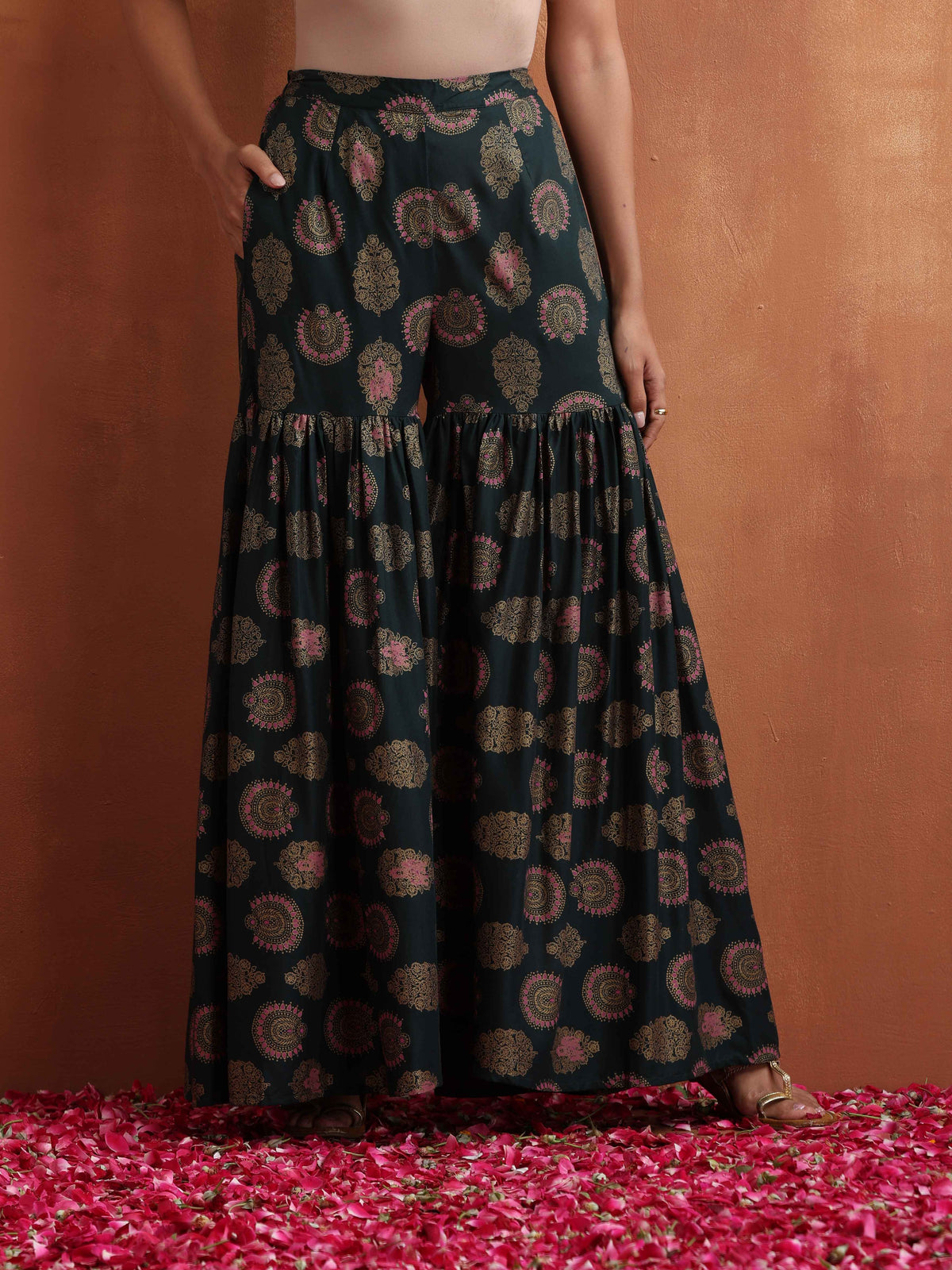 trueBrowns Green Foil Print Sharara Set | Grocsy