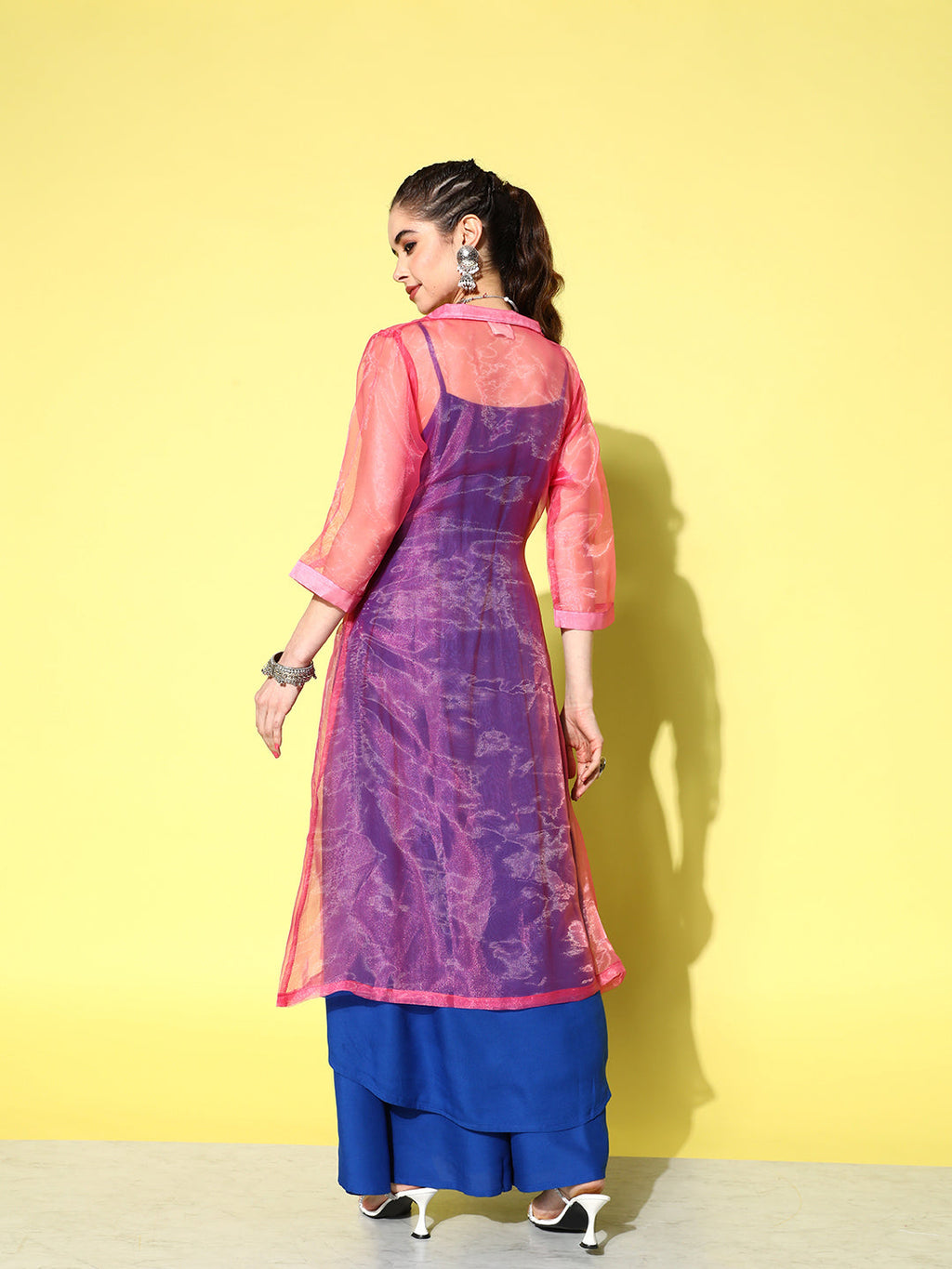 InWeave Women's Ink Blue Strappy Kurta Set With Pink Organza Cape | Grocsy