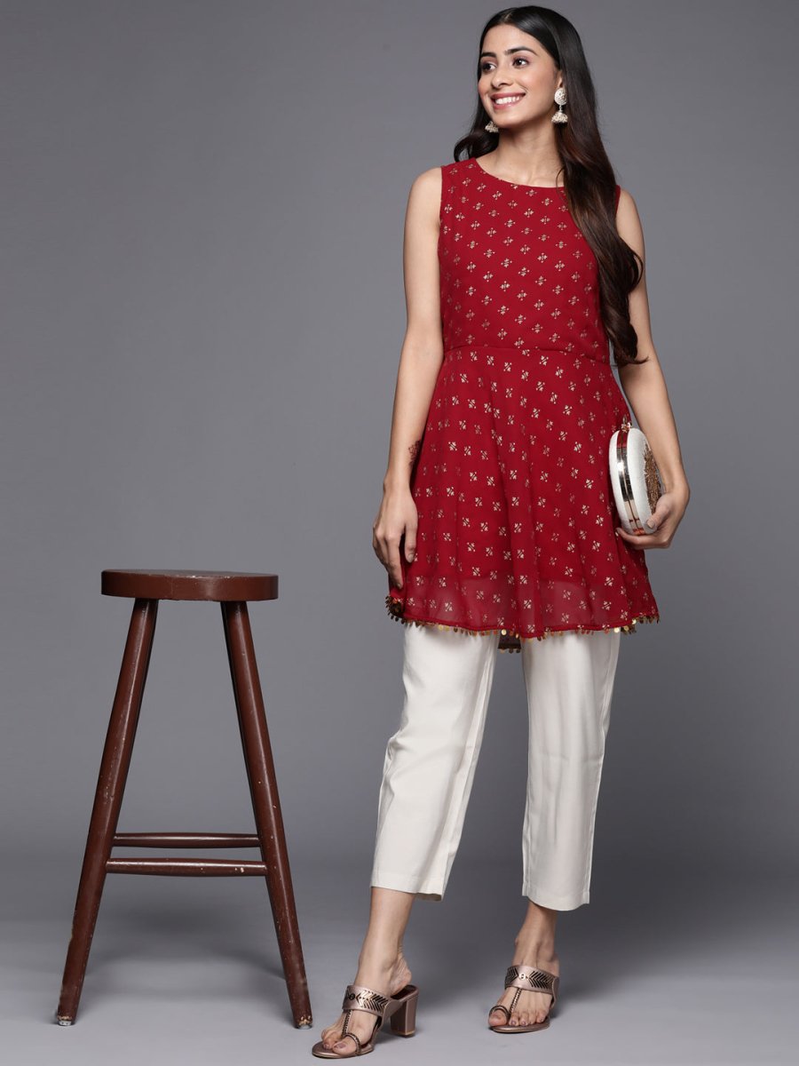 Ahalyaa Boat Neck Printed Embellished Tunic | Grocsy
