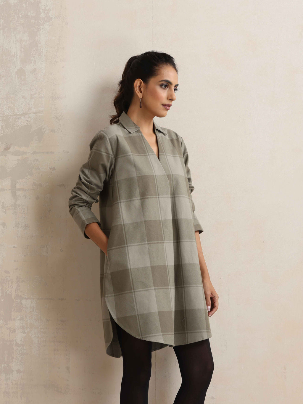 trueBrowns Green Check Pleated Winter Top | Grocsy