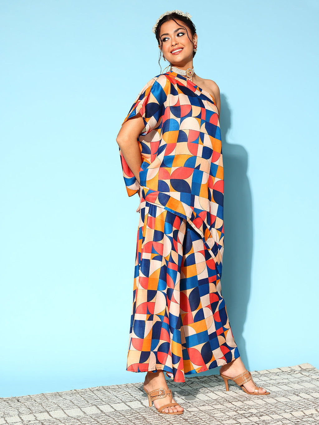 InWeave Women's Multi Geometric Print One Shoulder Top With Palazzo Set | Grocsy