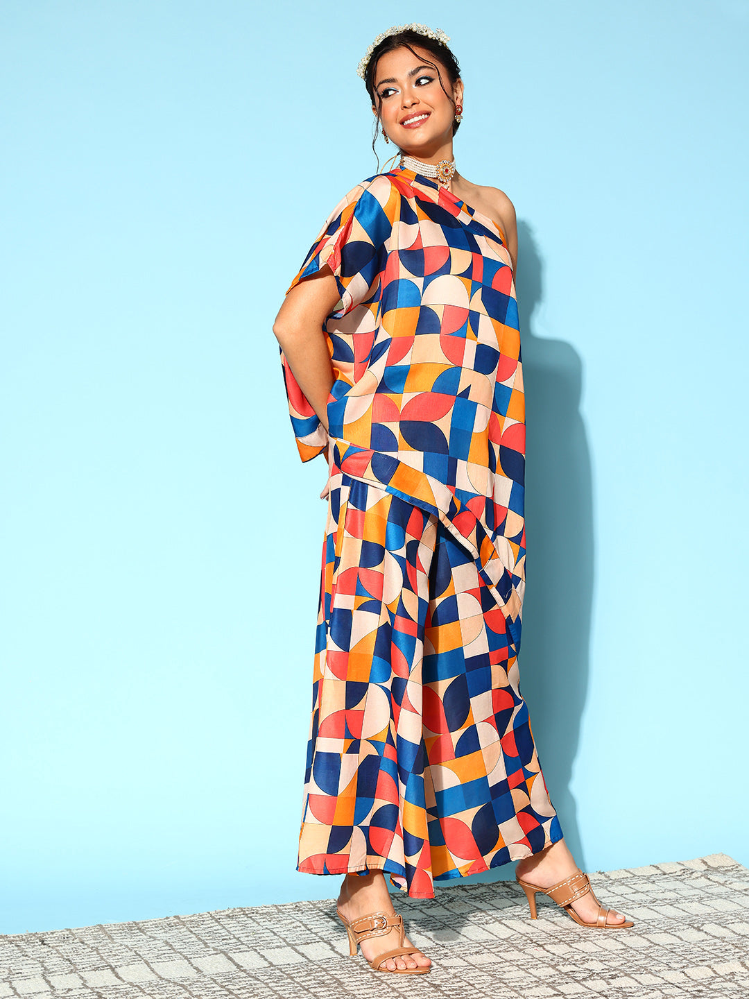 InWeave Women's Multi Geometric Print One Shoulder Top With Palazzo Set | Grocsy