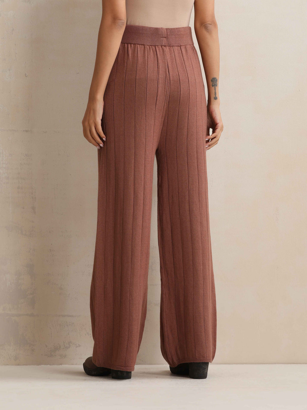 trueBrowns Peach Woollen Flared Pants | Grocsy