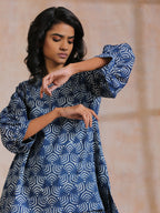 trueBrowns Indigo Dabu Overall Print Cotton Baggy Sleeve Co-Ord Set | Grocsy