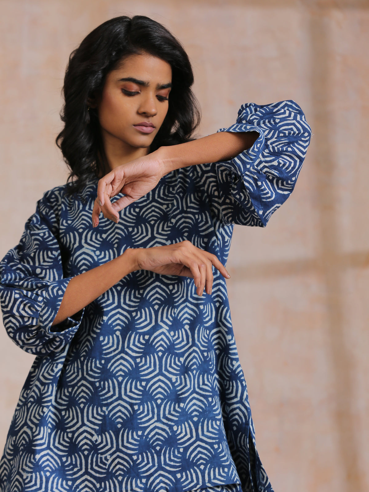 trueBrowns Indigo Dabu Overall Print Cotton Baggy Sleeve Co-Ord Set | Grocsy