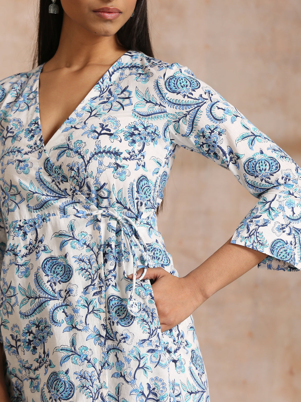 trueBrowns White With Overall Blue Print Cotton Angrakha Kurta Pant Set | Grocsy