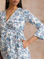 trueBrowns White With Overall Blue Print Cotton Angrakha Kurta Pant Set | Grocsy