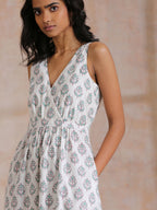 trueBrowns Green Buta On White Block Print Cotton Sleeveless Wrap Dress | Grocsy