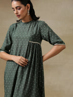 trueBrowns Dark Green Bandhani Printed Silk Side Gathered Kurta Pant Set | Grocsy